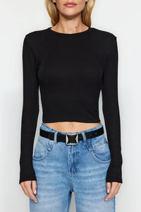Premium Viscose Crew Neck Cropped Stretch Knit Blouse
