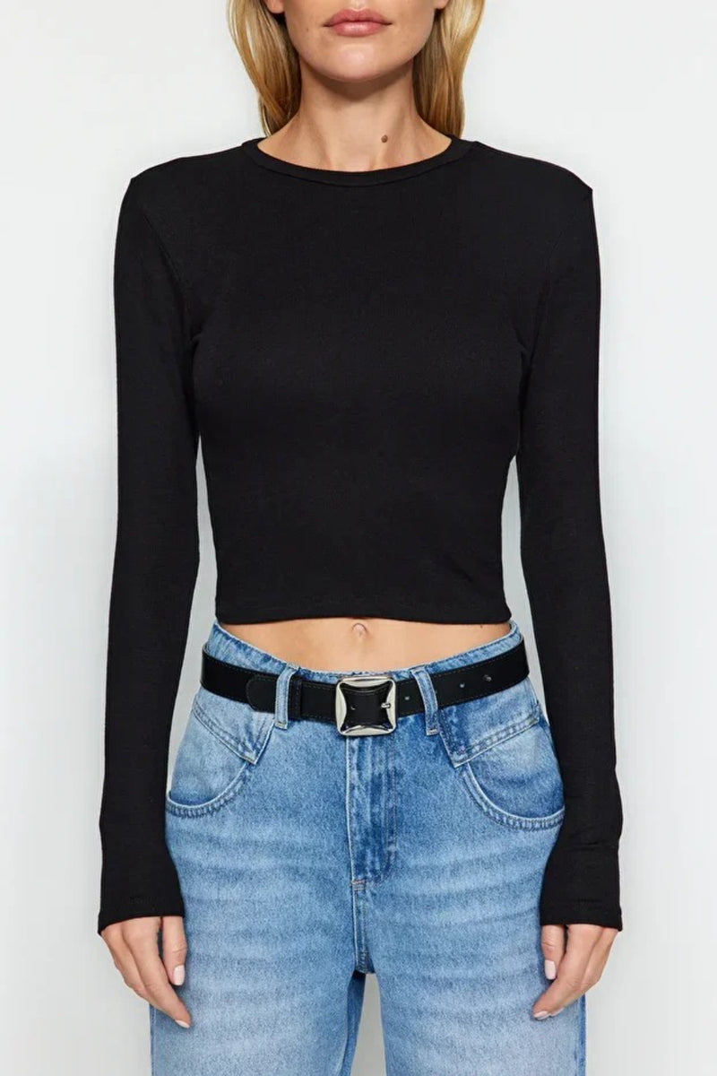 Premium Viscose Crew Neck Cropped Stretch Knit Blouse