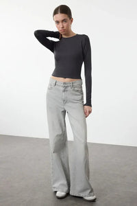 Premium Viscose Crew Neck Cropped Stretch Knit Blouse