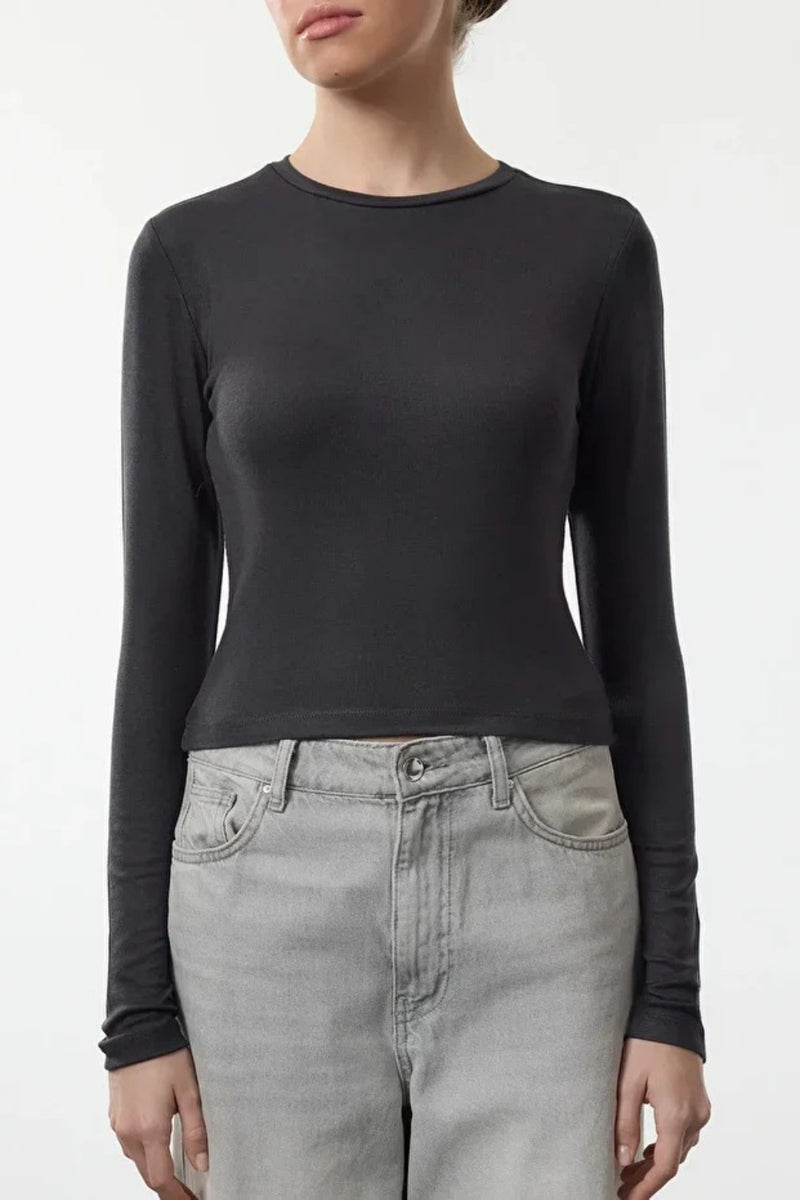 Premium Viscose Crew Neck Cropped Stretch Knit Blouse