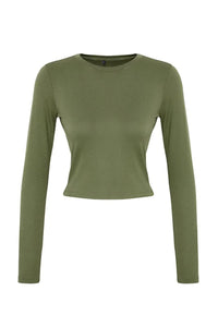 Premium Viscose Crew Neck Cropped Stretch Knit Blouse