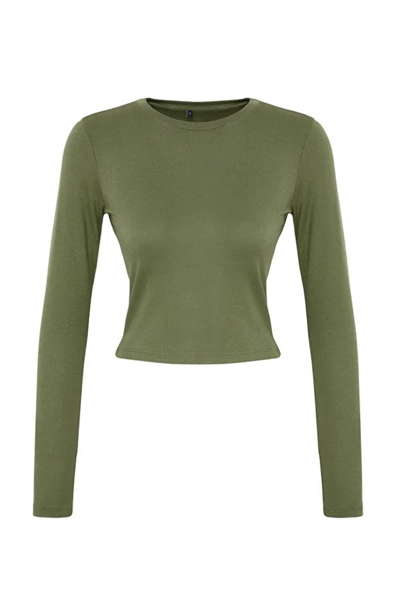 Premium Viscose Crew Neck Cropped Stretch Knit Blouse