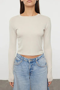 Premium Viscose Crew Neck Cropped Stretch Knit Blouse