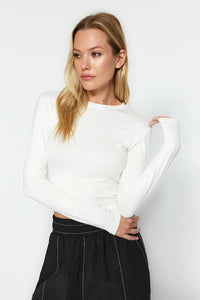 Premium Viscose Crew Neck Cropped Stretch Knit Blouse
