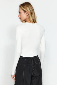 Premium Viscose Crew Neck Cropped Stretch Knit Blouse