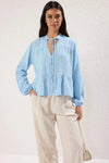 Textured Cotton Woven Blouse with Lace Detail on Sleeves – Regular Fit