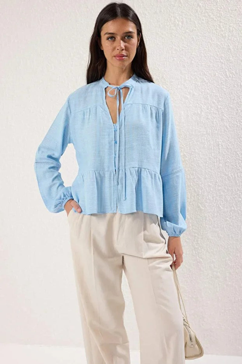 Textured Cotton Woven Blouse with Lace Detail on Sleeves – Regular Fit