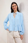 Textured Cotton Woven Blouse with Lace Detail on Sleeves – Regular Fit