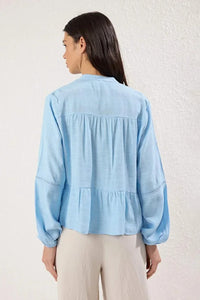 Textured Cotton Woven Blouse with Lace Detail on Sleeves – Regular Fit