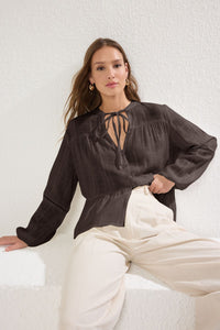 Textured Cotton Woven Blouse with Lace Detail on Sleeves – Regular Fit
