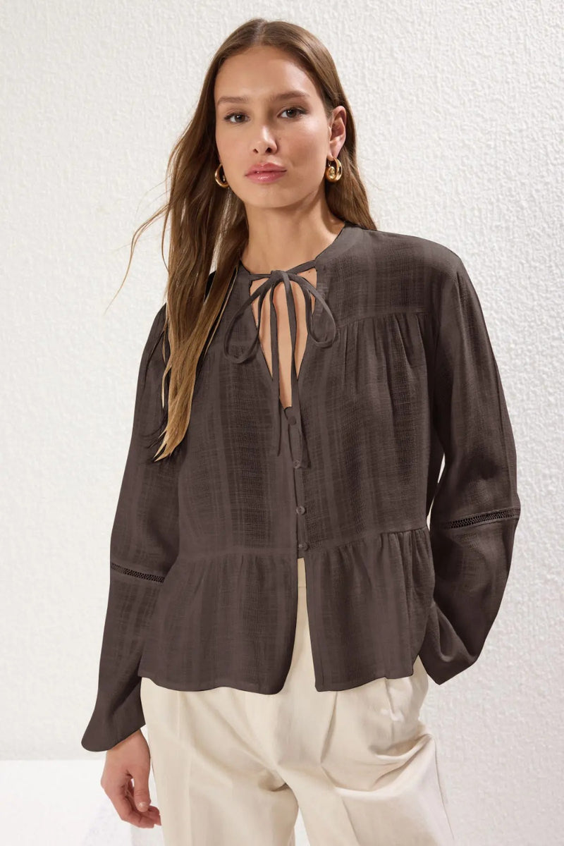 Textured Cotton Woven Blouse with Lace Detail on Sleeves – Regular Fit