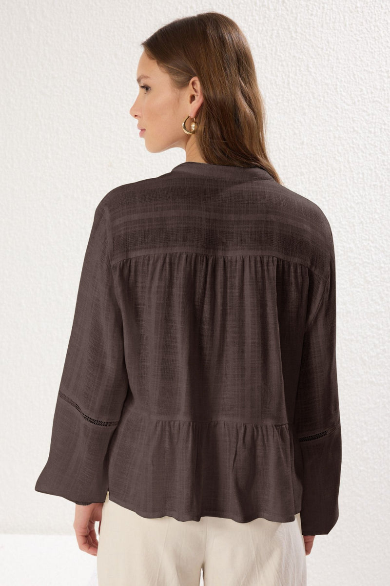 Textured Cotton Woven Blouse with Lace Detail on Sleeves – Regular Fit