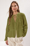 Textured Cotton Woven Blouse with Lace Detail on Sleeves – Regular Fit