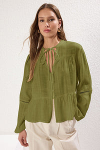 Textured Cotton Woven Blouse with Lace Detail on Sleeves – Regular Fit