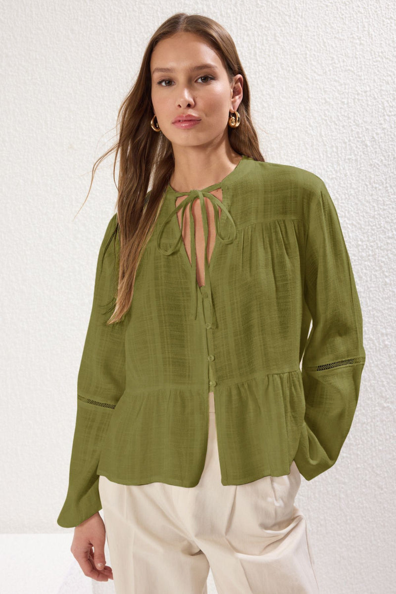 Textured Cotton Woven Blouse with Lace Detail on Sleeves – Regular Fit