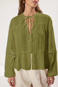 Textured Cotton Woven Blouse with Lace Detail on Sleeves – Regular Fit