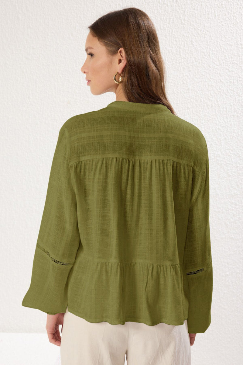 Textured Cotton Woven Blouse with Lace Detail on Sleeves – Regular Fit