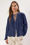 Textured Cotton Woven Blouse with Lace Detail on Sleeves – Regular Fit