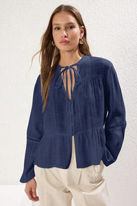 Textured Cotton Woven Blouse with Lace Detail on Sleeves – Regular Fit