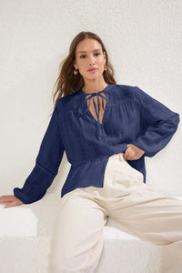 Textured Cotton Woven Blouse with Lace Detail on Sleeves – Regular Fit