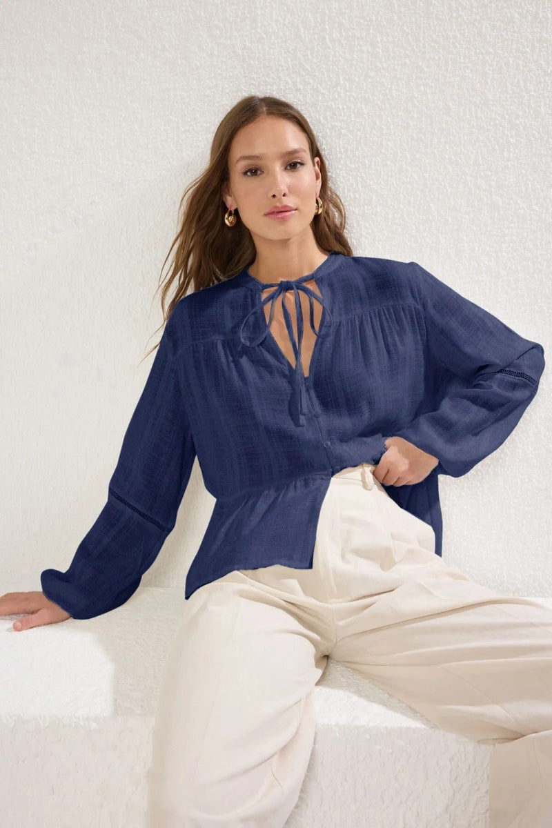 Textured Cotton Woven Blouse with Lace Detail on Sleeves – Regular Fit