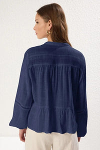 Textured Cotton Woven Blouse with Lace Detail on Sleeves – Regular Fit
