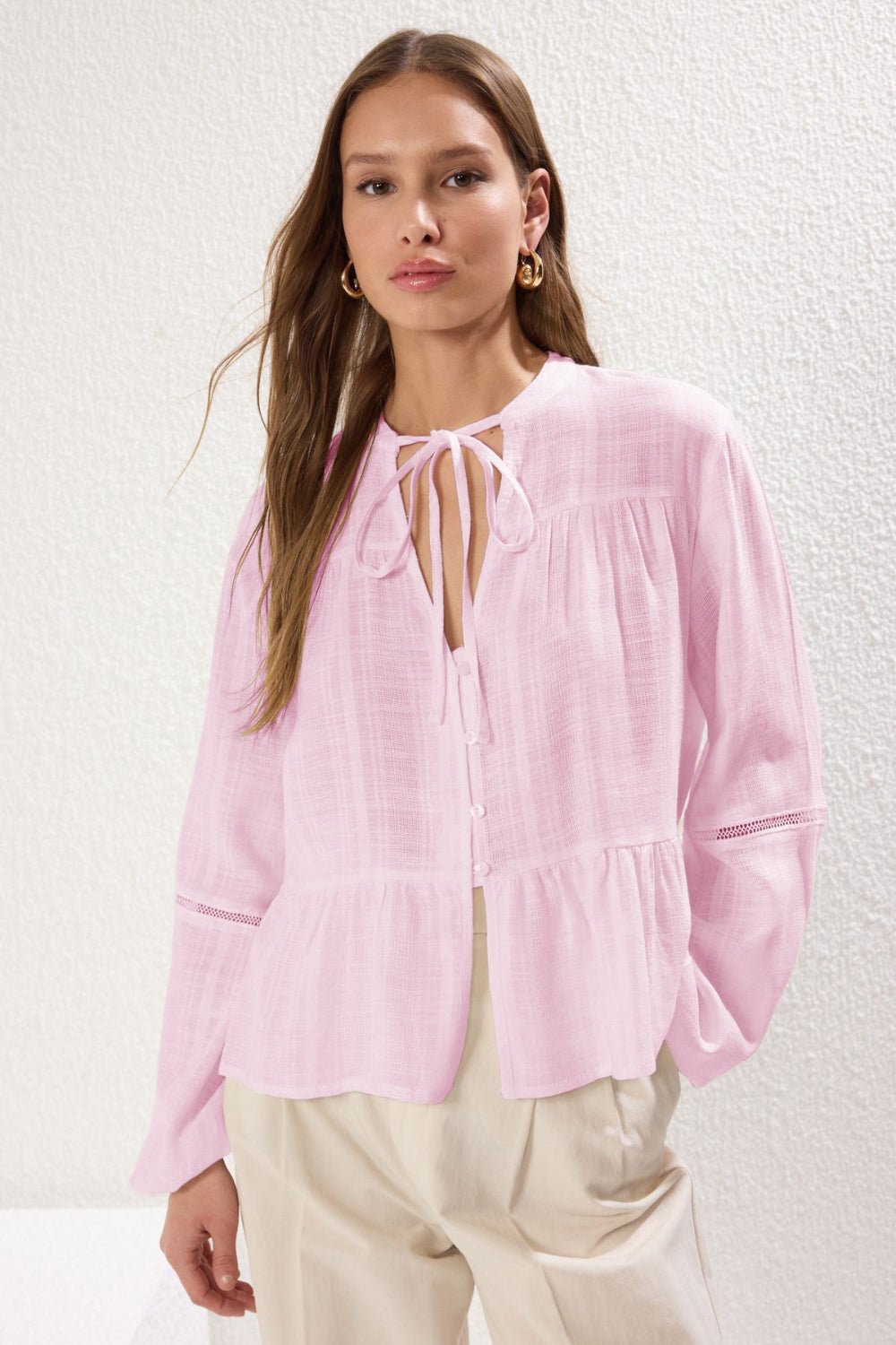 Textured Cotton Woven Blouse with Lace Detail on Sleeves – Regular Fit