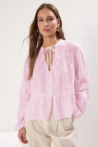 Textured Cotton Woven Blouse with Lace Detail on Sleeves – Regular Fit
