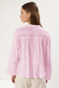 Textured Cotton Woven Blouse with Lace Detail on Sleeves – Regular Fit
