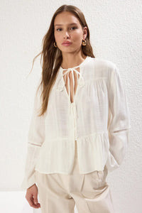 Textured Cotton Woven Blouse with Lace Detail on Sleeves – Regular Fit