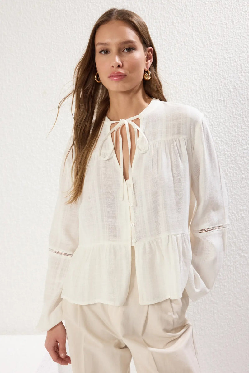Textured Cotton Woven Blouse with Lace Detail on Sleeves – Regular Fit