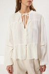 Textured Cotton Woven Blouse with Lace Detail on Sleeves – Regular Fit