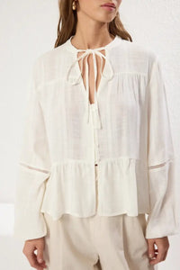 Textured Cotton Woven Blouse with Lace Detail on Sleeves – Regular Fit