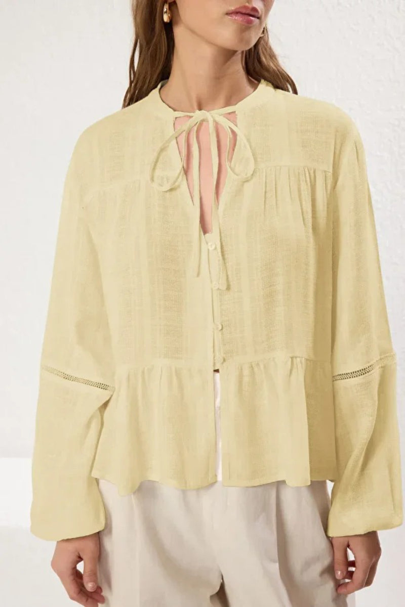 Textured Cotton Woven Blouse with Lace Detail on Sleeves – Regular Fit