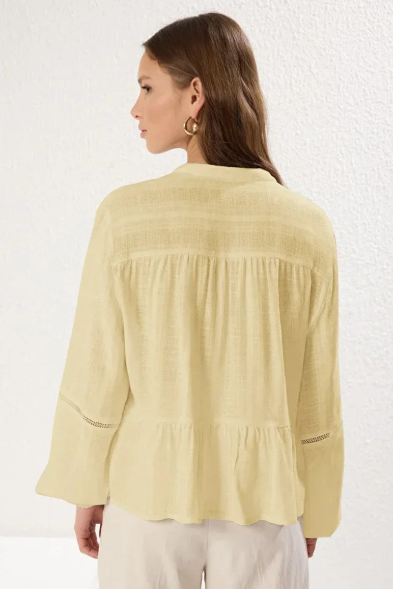 Textured Cotton Woven Blouse with Lace Detail on Sleeves – Regular Fit