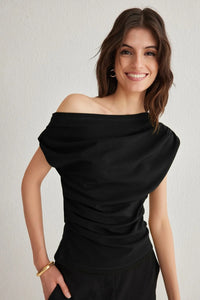 Draped, Gathered Detail Knit Blouse with Asymmetric Neckline