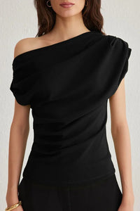Draped, Gathered Detail Knit Blouse with Asymmetric Neckline