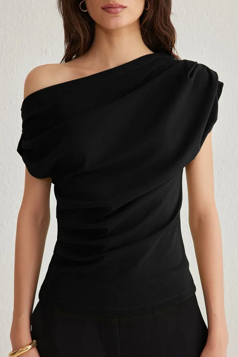 Draped, Gathered Detail Knit Blouse with Asymmetric Neckline