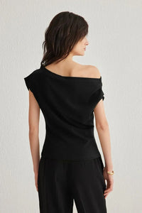 Draped, Gathered Detail Knit Blouse with Asymmetric Neckline