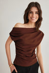Draped, Gathered Detail Knit Blouse with Asymmetric Neckline