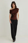 Draped, Gathered Detail Knit Blouse with Asymmetric Neckline