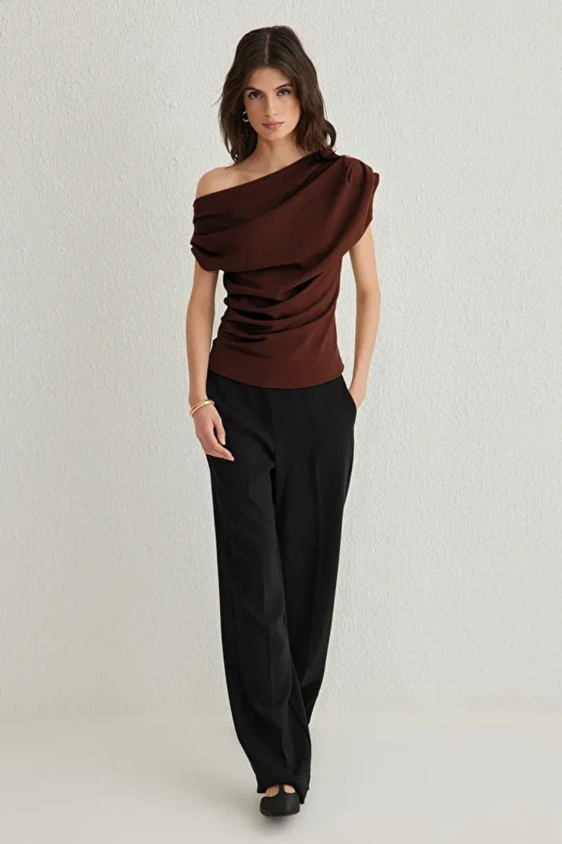 Draped, Gathered Detail Knit Blouse with Asymmetric Neckline