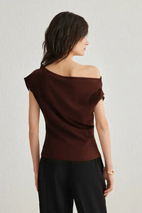 Draped, Gathered Detail Knit Blouse with Asymmetric Neckline
