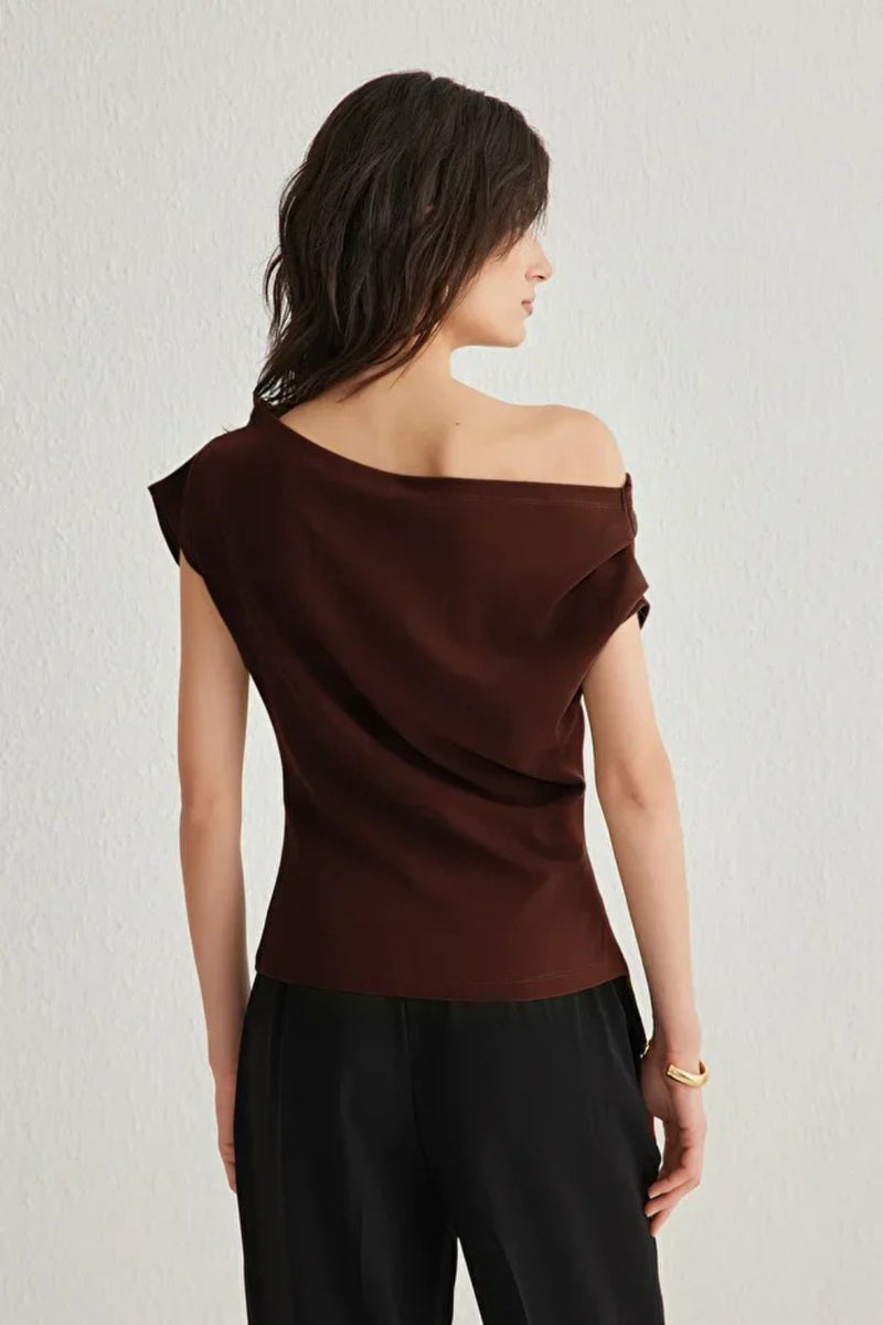 Draped, Gathered Detail Knit Blouse with Asymmetric Neckline