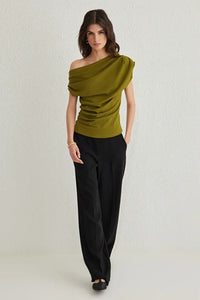 Draped, Gathered Detail Knit Blouse with Asymmetric Neckline