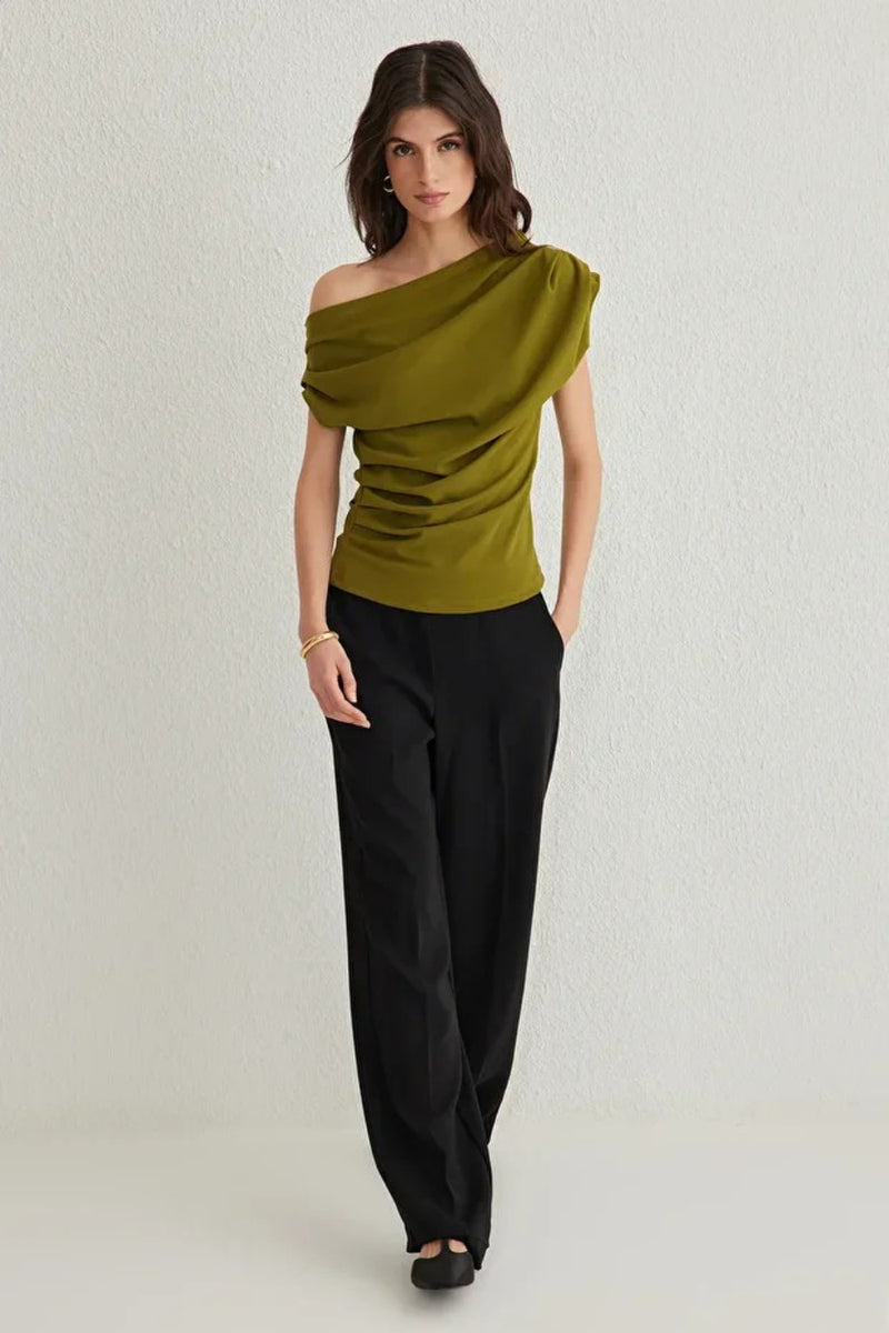 Draped, Gathered Detail Knit Blouse with Asymmetric Neckline