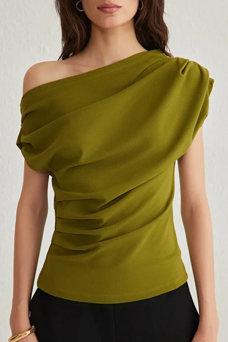 Draped, Gathered Detail Knit Blouse with Asymmetric Neckline