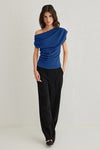 Draped, Gathered Detail Knit Blouse with Asymmetric Neckline