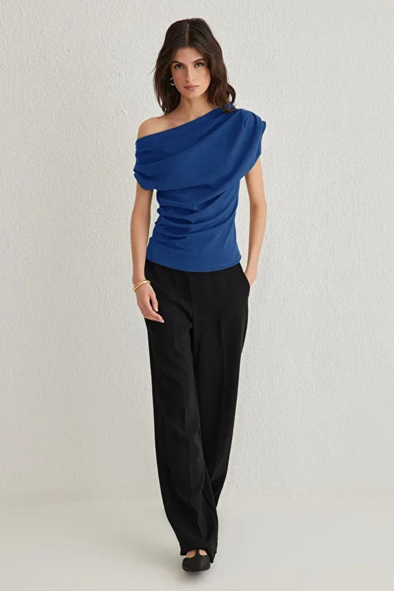 Draped, Gathered Detail Knit Blouse with Asymmetric Neckline