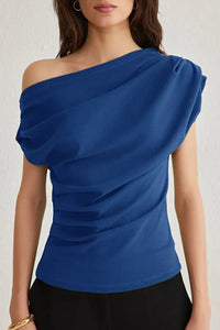 Draped, Gathered Detail Knit Blouse with Asymmetric Neckline